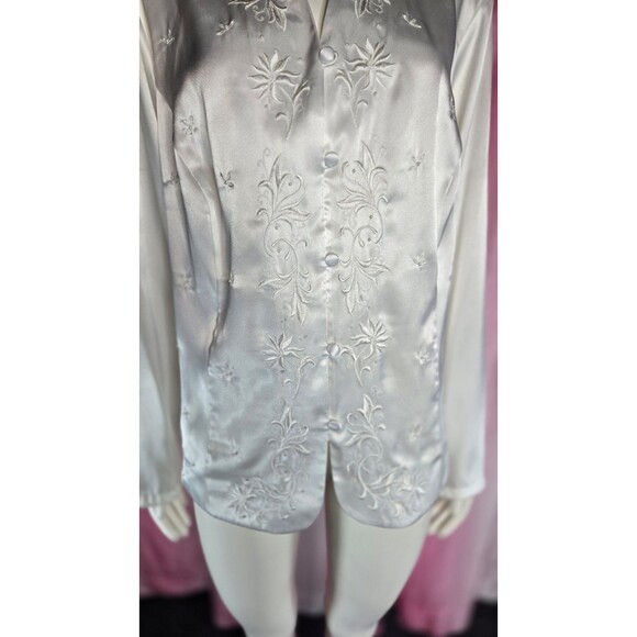Laura Scott White Satin Embroidery Pearl Beaded Button Up Blouse Size 22 Plus - Picture 4 of 11